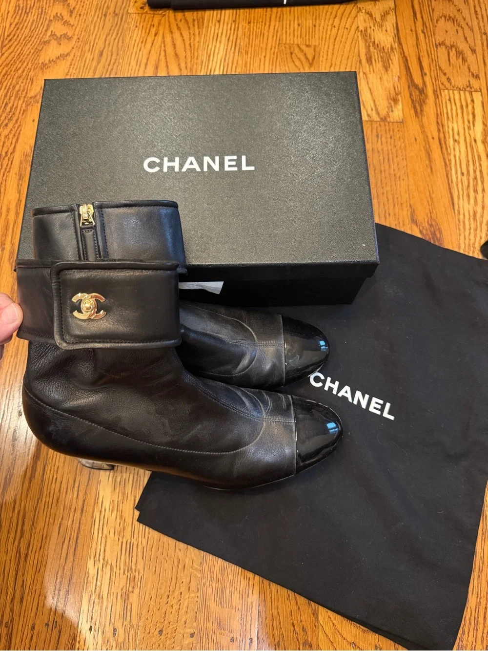 Chanel CC Turnlock Black Leather Patent Cap Toe Ankle Boots EU 40.5
